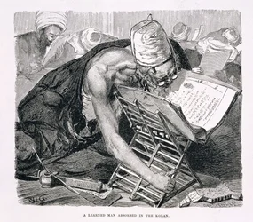 Un homme savant absorbé dans le Coran, XIXe siècle (gravure sur papier)